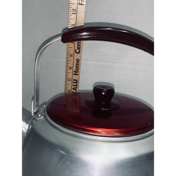 Aluminum Tea Kettle with Red Lid and Handle -Camel Farmhouse Chic ! Gallon GUC - Picture 12 of 13